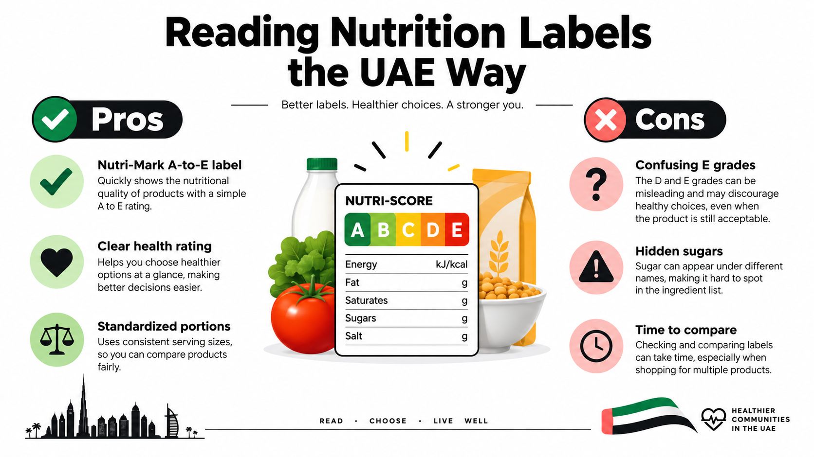 An infographic titled Reading Nutrition Labels the UAE Way, showcasing pros and cons of the Nutri-Score system.