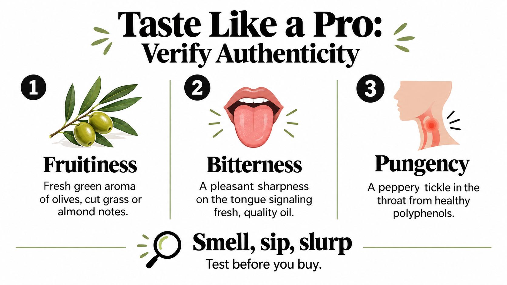 An infographic showing three steps to verify authentic extra virgin olive oil: fruitiness, bitterness, and pungency.