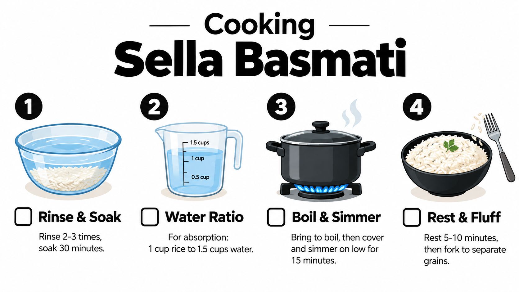 An instructional infographic detailing the four simple steps for cooking Sella Basmati rice, from soaking to fluffing.