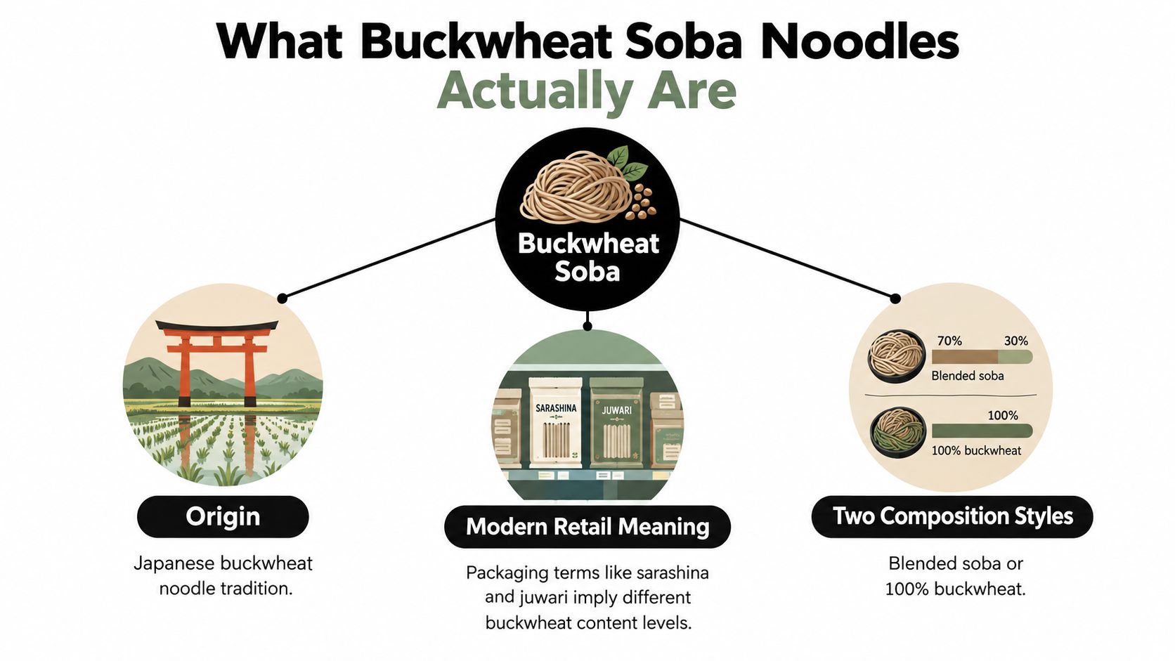 An infographic explaining the origin, modern retail meaning, and composition styles of traditional Japanese buckwheat soba noodles.