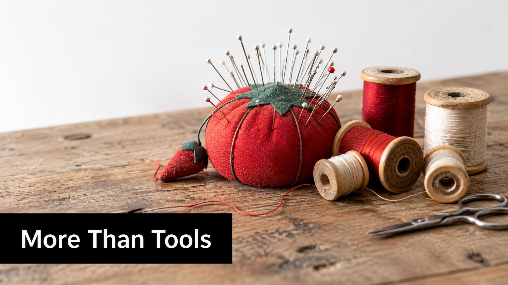 A red tomato-shaped pin cushion with many needles sitting on a rustic wooden table beside sewing threads.