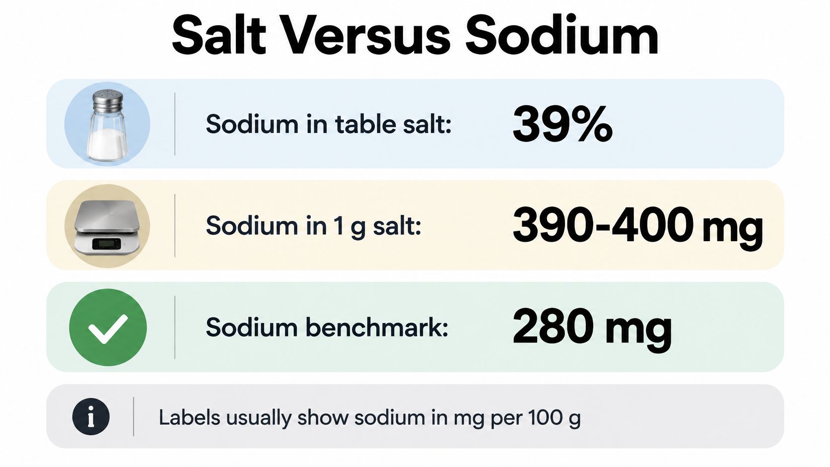 An infographic comparing salt and sodium content, showing percentages and milligram conversions for dietary awareness.