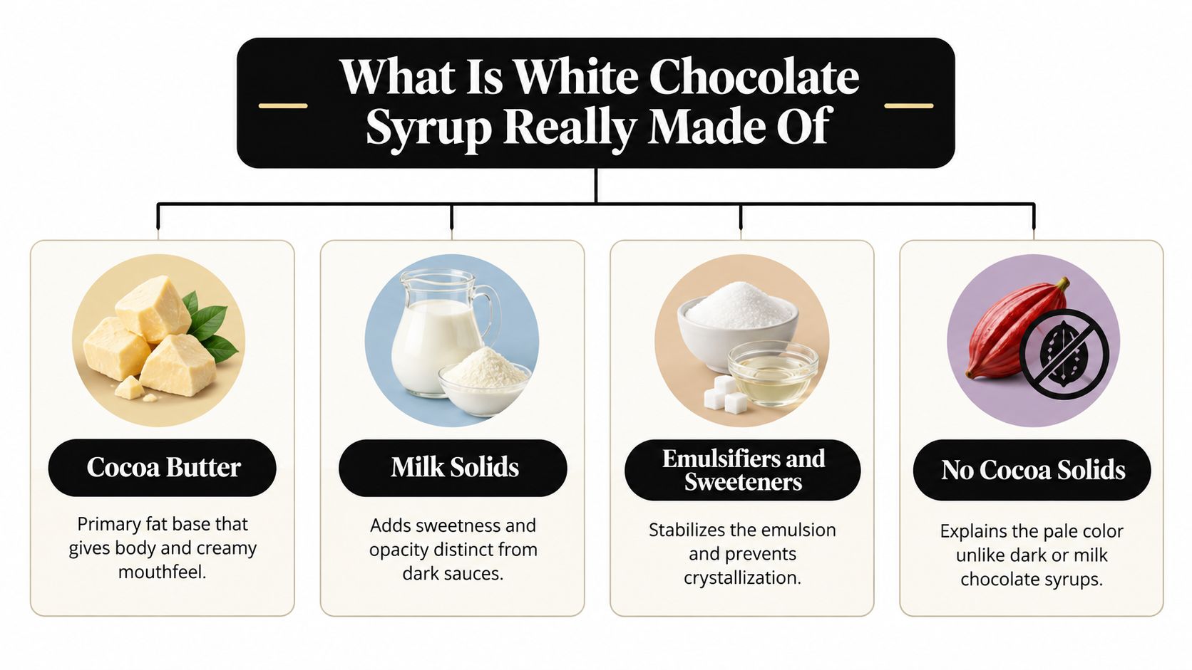 A diagram explaining that white chocolate syrup contains cocoa butter, milk solids, sweeteners, and no cocoa solids.