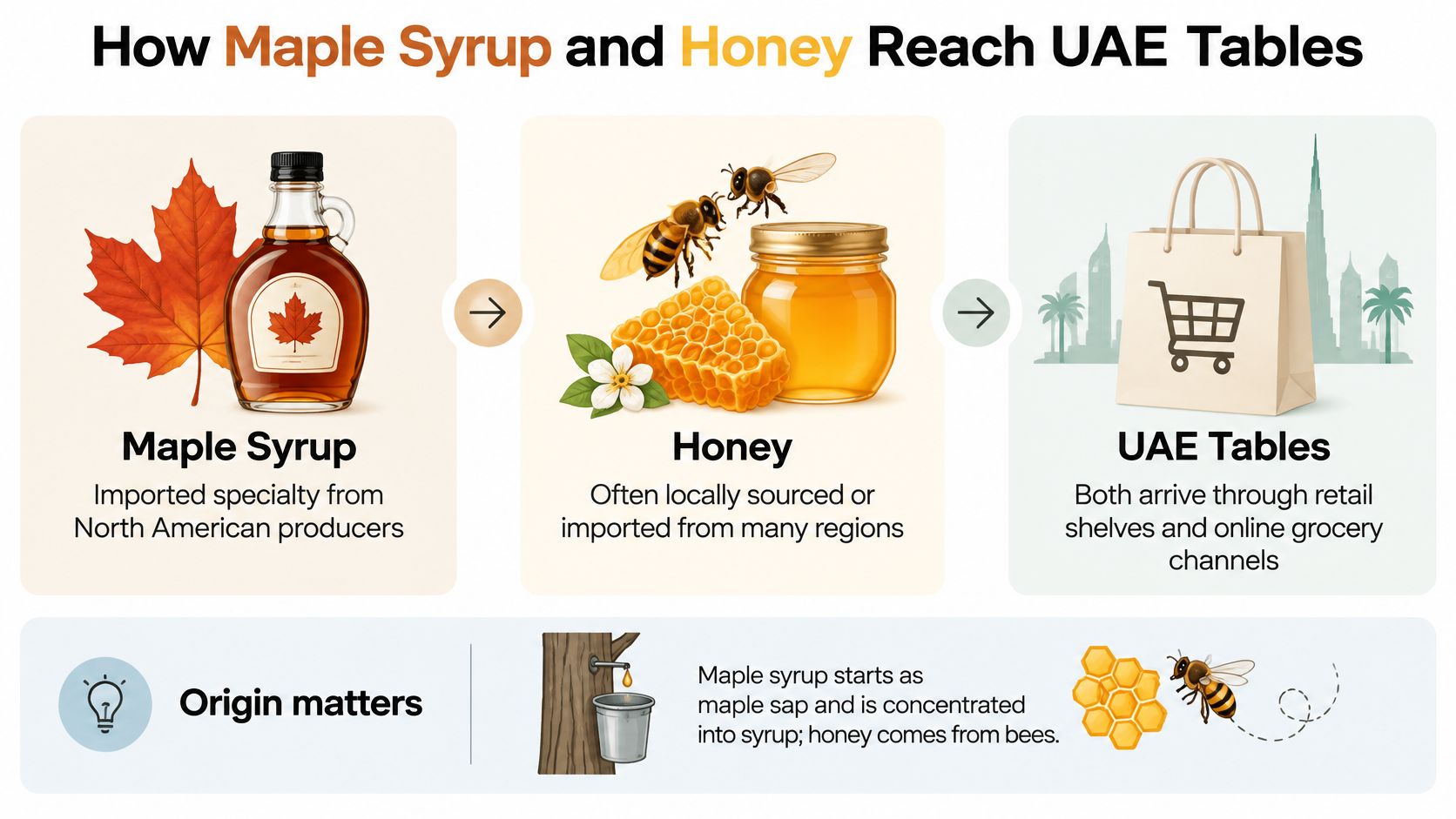 An infographic illustrating how maple syrup and honey are sourced and distributed to tables in the UAE.