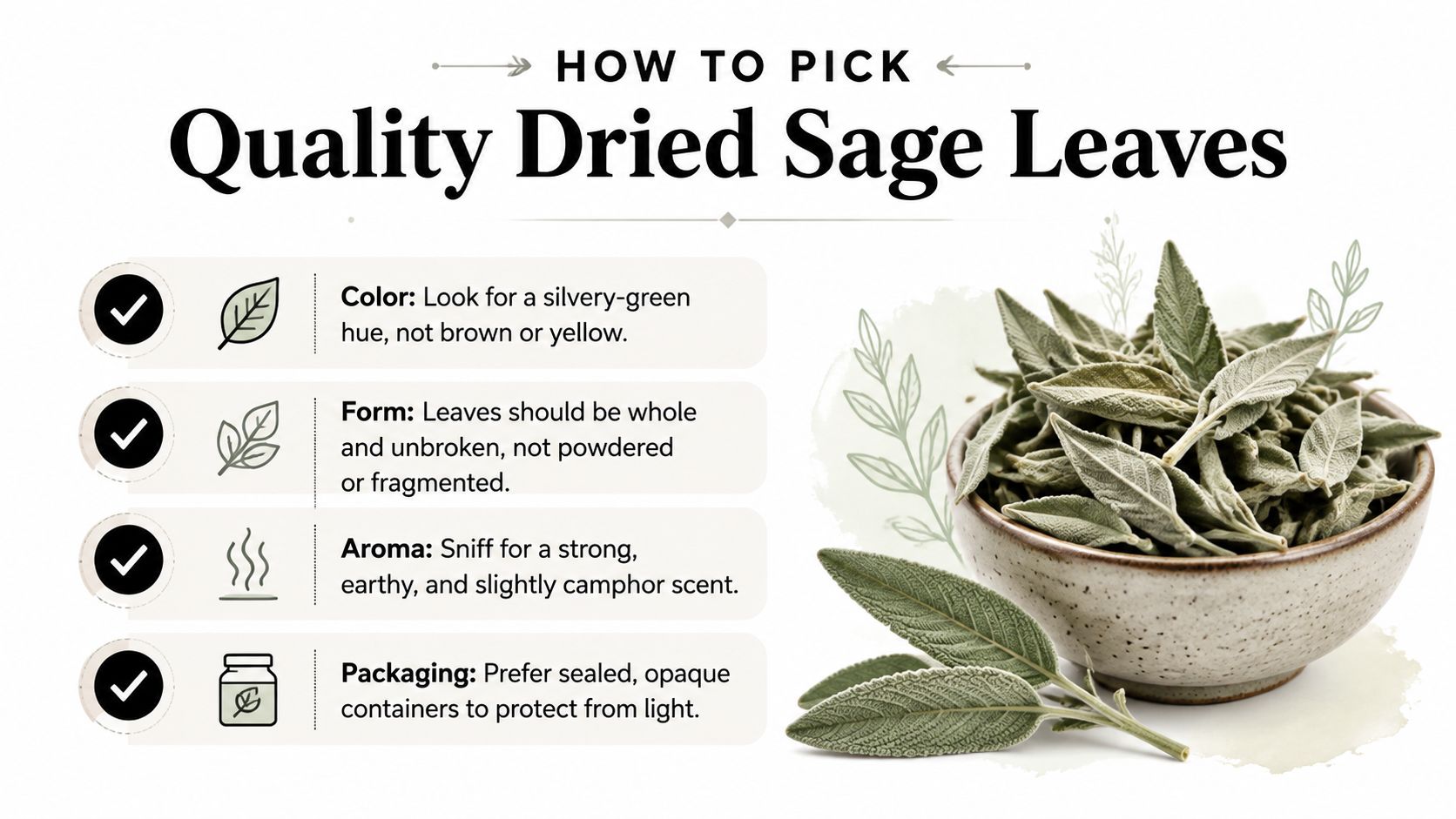 A helpful guide illustrating four tips for selecting high-quality dried sage leaves with visual icons.