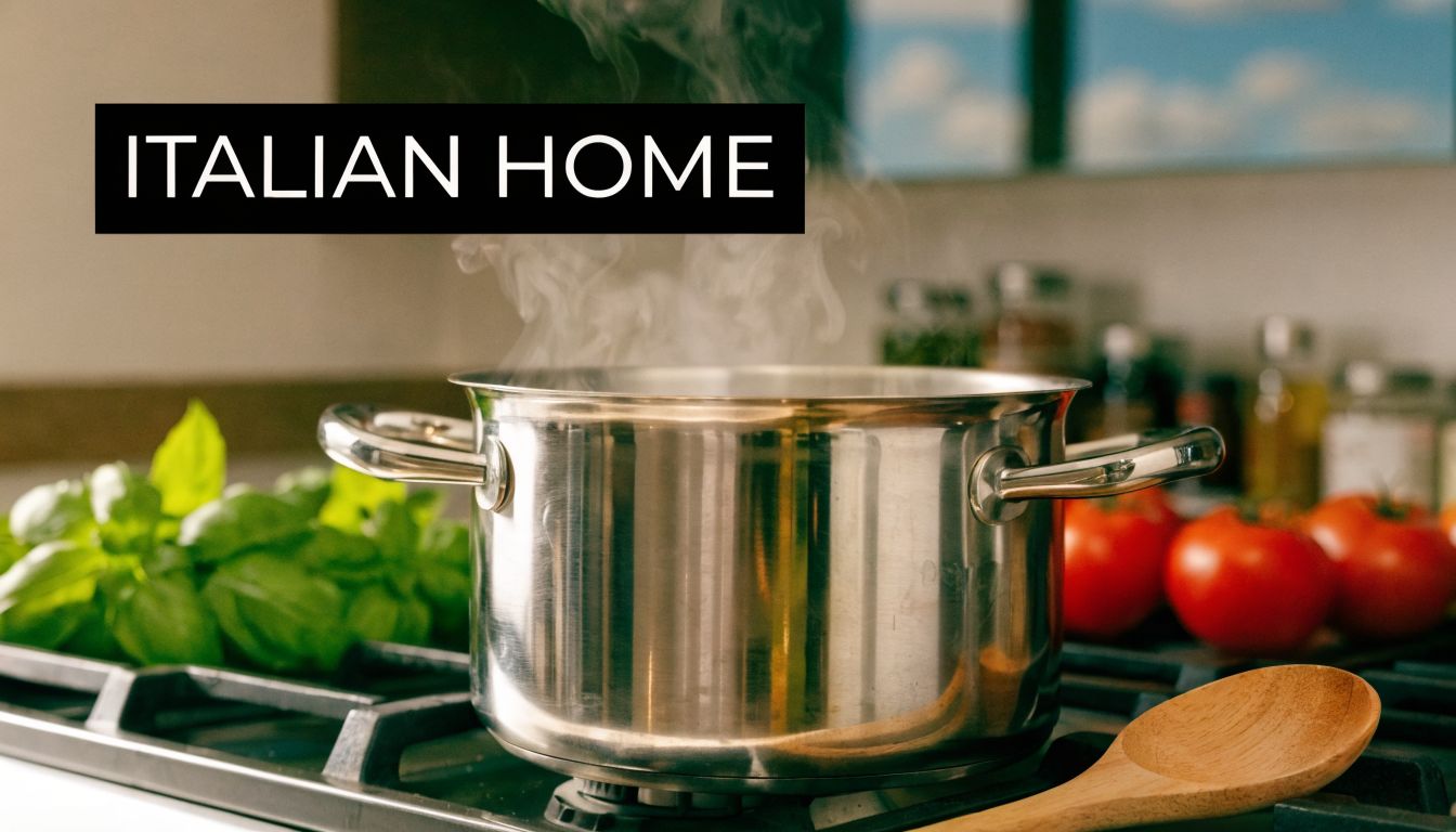 A large stainless steel pot steaming on a stove next to fresh basil and red tomatoes.