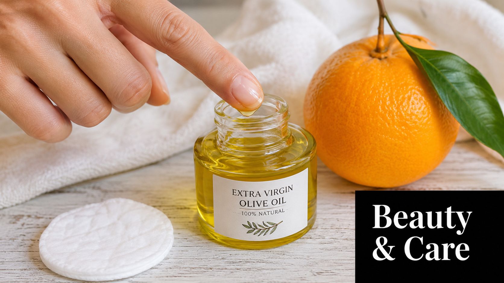 A hand touching a small jar of natural extra virgin olive oil with an orange nearby.