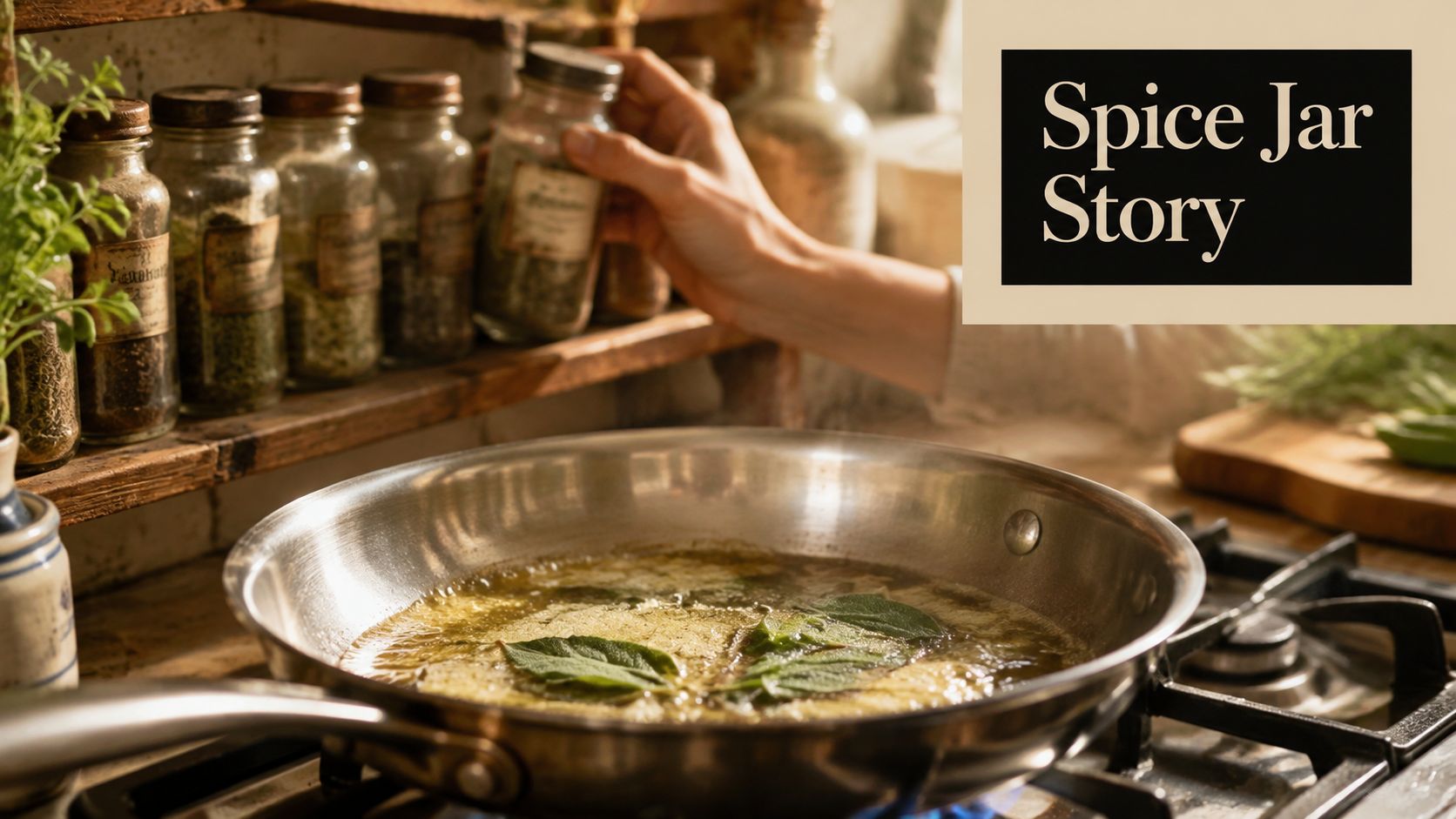 A hand reaching for a spice jar on a rustic wooden shelf above a pan of sizzling sage leaves.