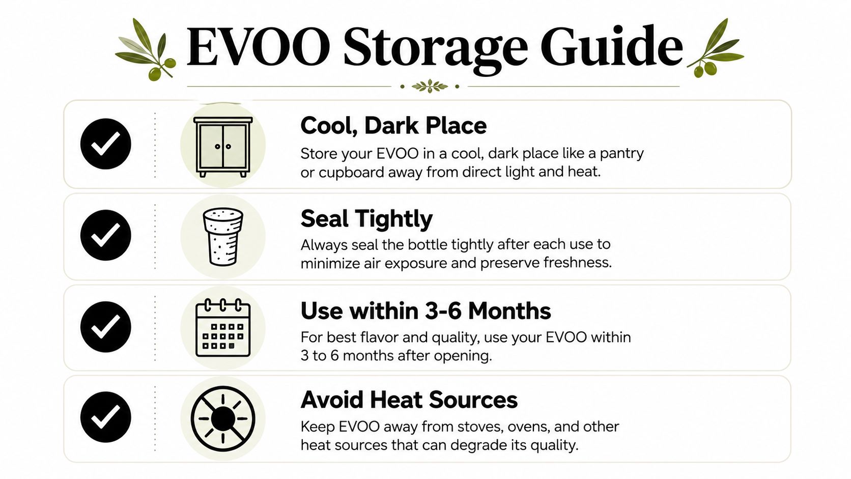 An infographic titled EVOO Storage Guide featuring four tips for storing extra virgin olive oil properly.