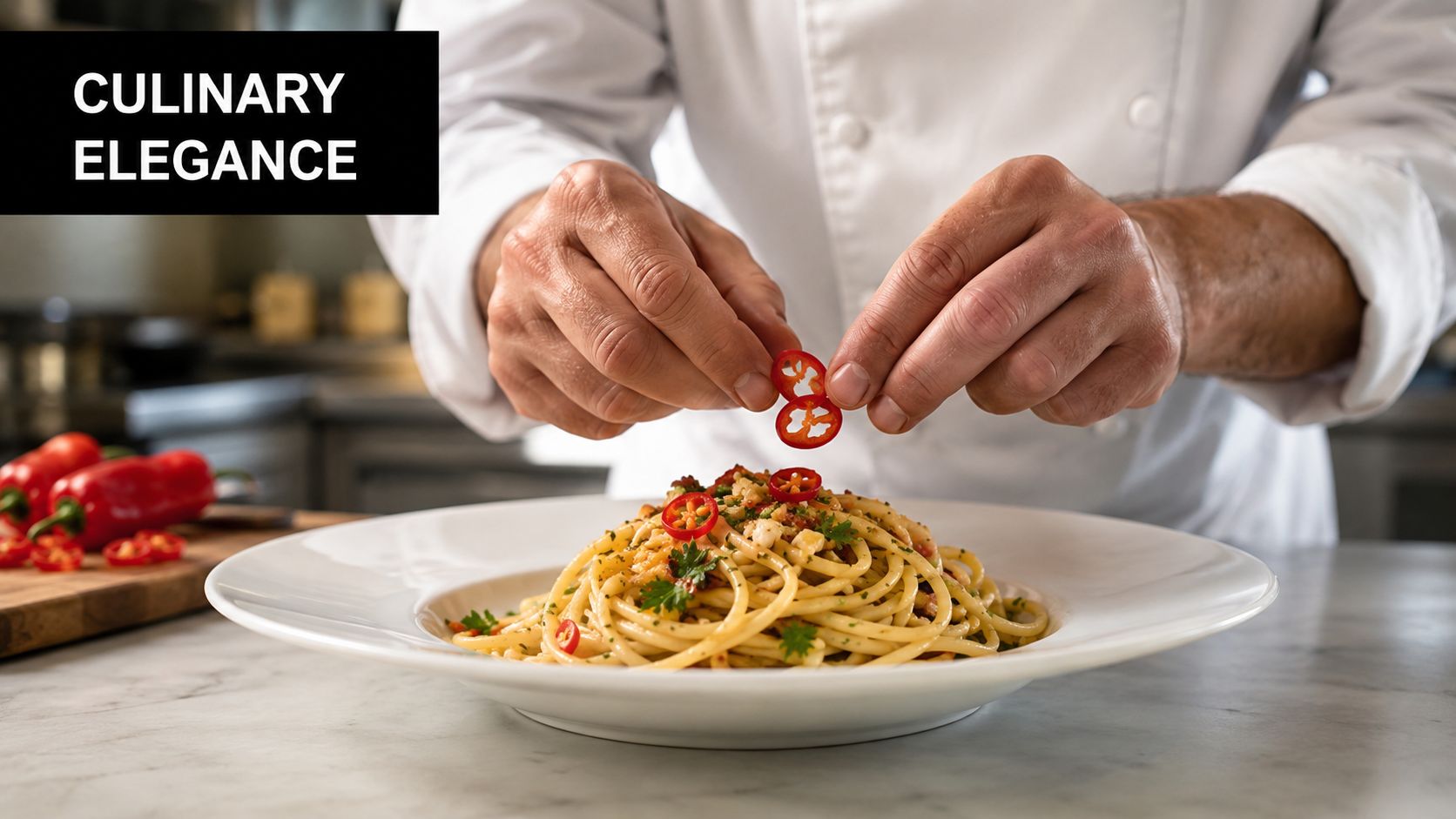 A professional chef carefully garnishes a plate of spaghetti with fresh red chili pepper slices.