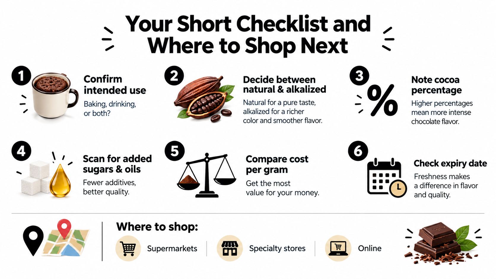 An infographic checklist guiding consumers on how to select and purchase high-quality cocoa powder effectively.