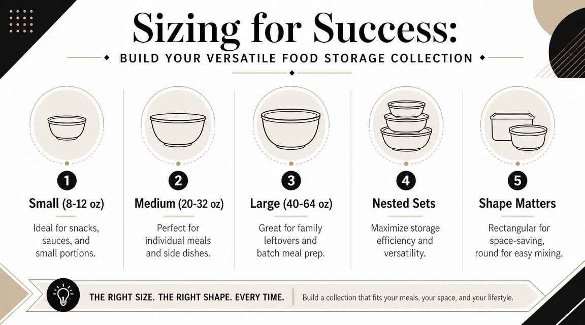 A guide on sizing for food storage bowls, illustrating different bowl sizes and shapes for meal prep.