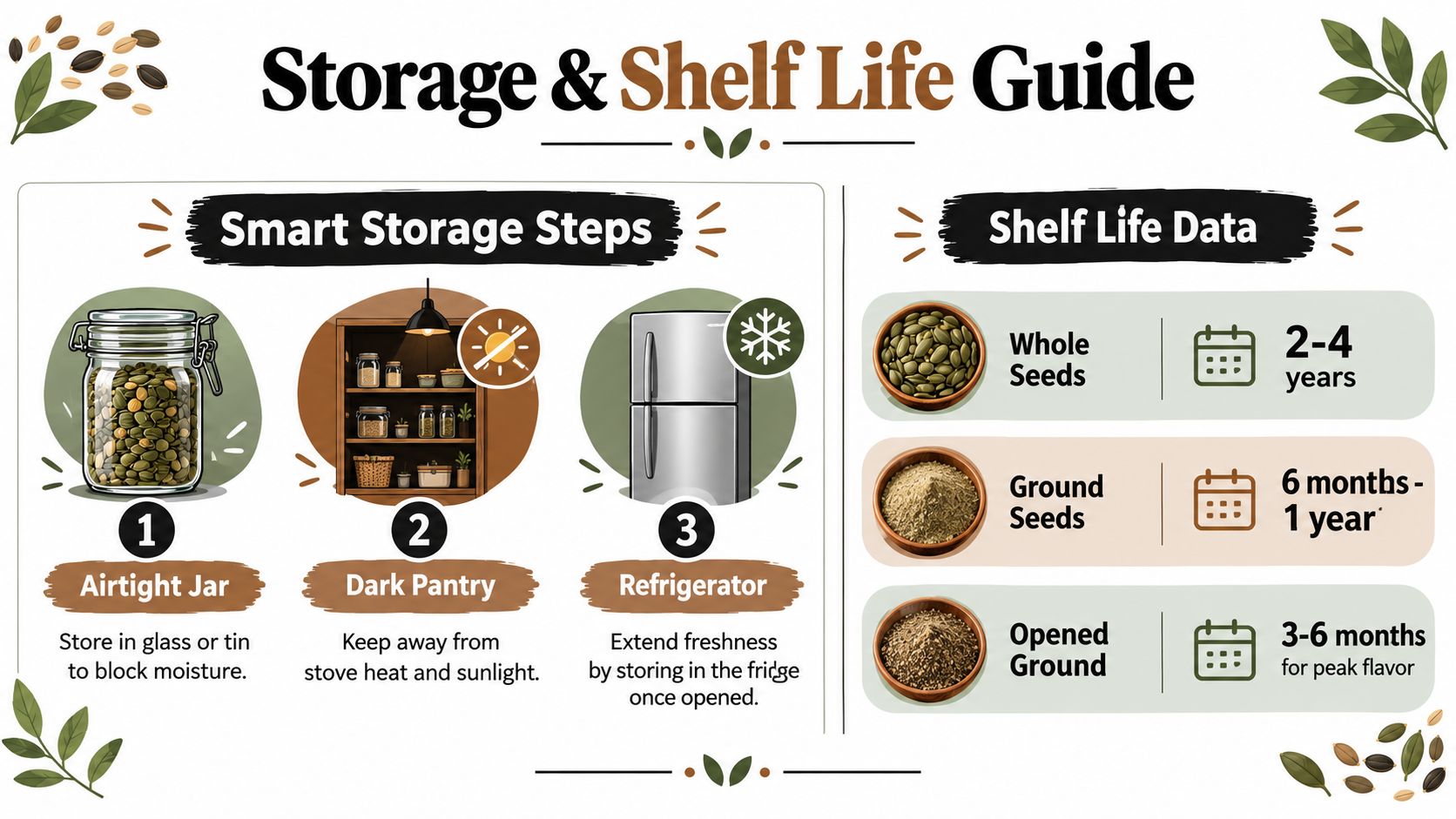 A visual guide explaining storage methods and shelf life for whole and ground coriander seeds.