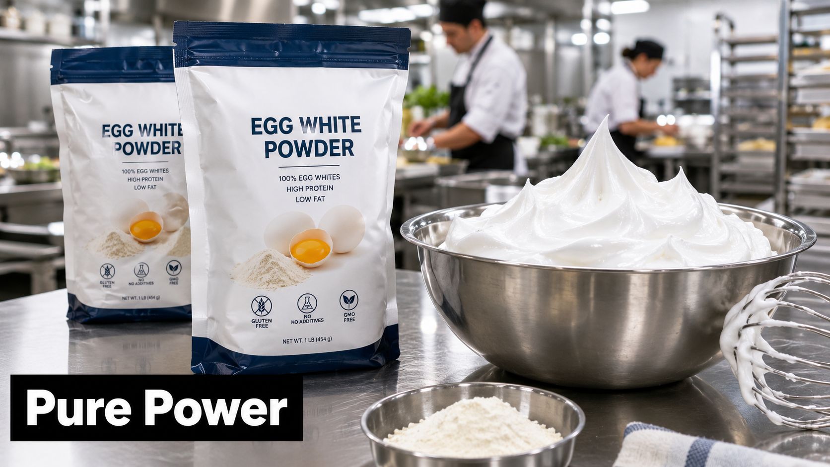 Bags of egg white powder next to a metal bowl filled with fluffy whipped egg whites in kitchen