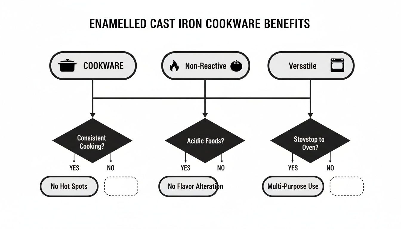 Flowchart illustrating the benefits of enamelled cast iron cookware, highlighting consistent cooking, non-reactivity, and versatility.