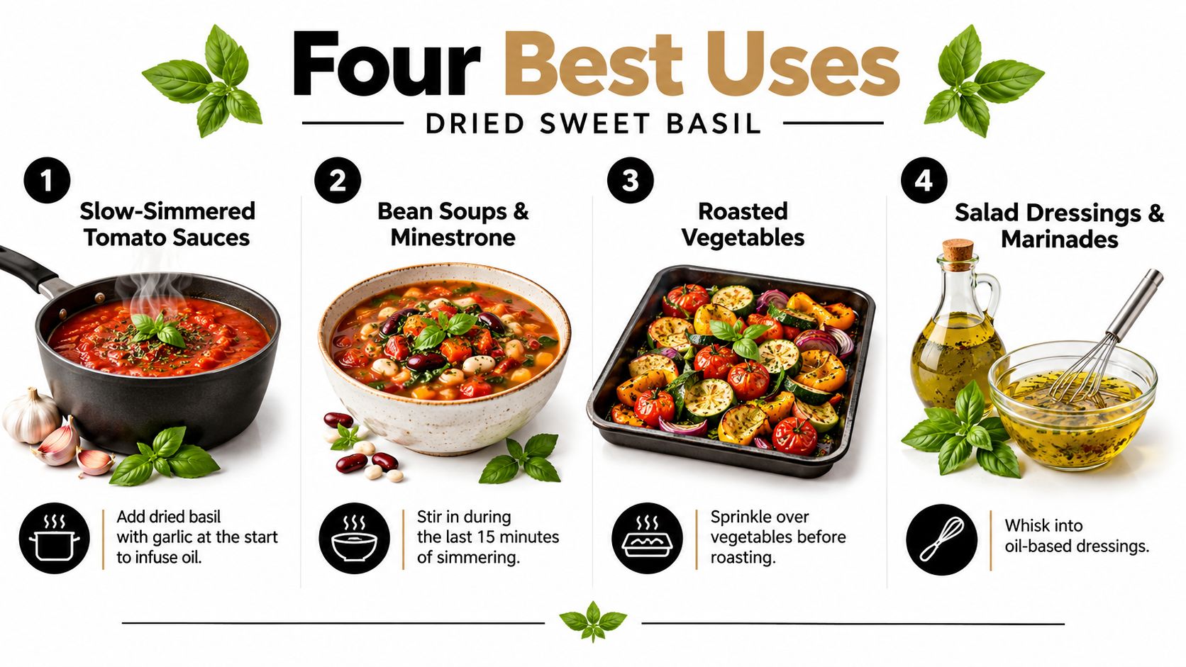 An infographic showing the four best ways to use dried sweet basil in cooking recipes.
