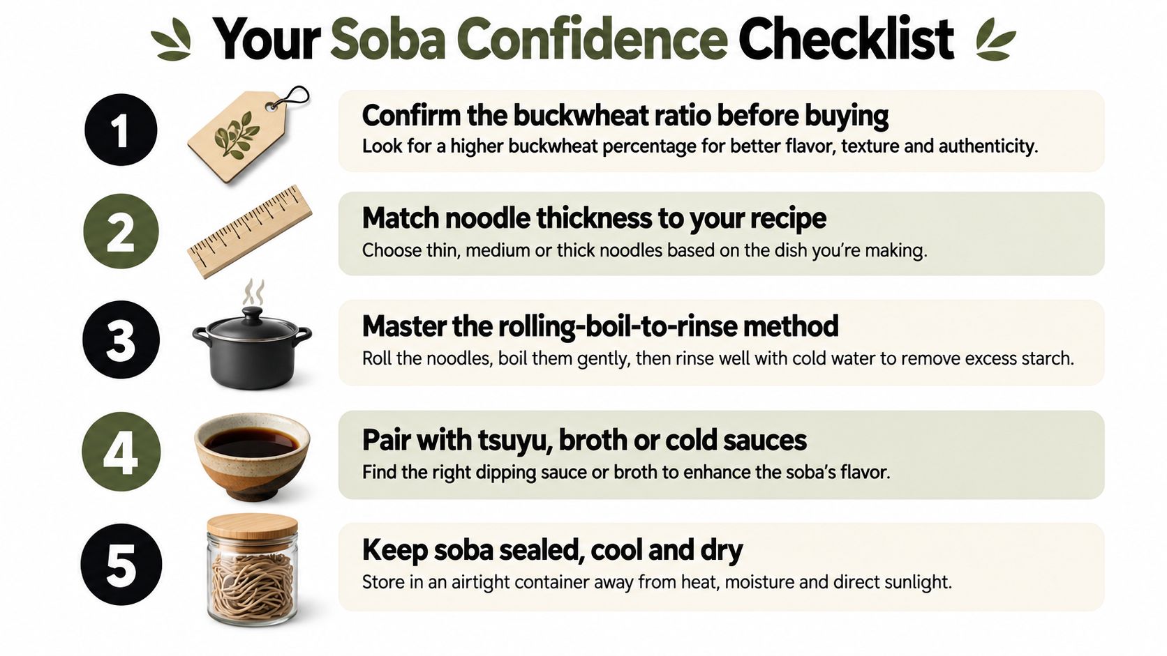 A checklist of five essential tips for selecting, preparing, cooking, and storing traditional Japanese buckwheat soba noodles.