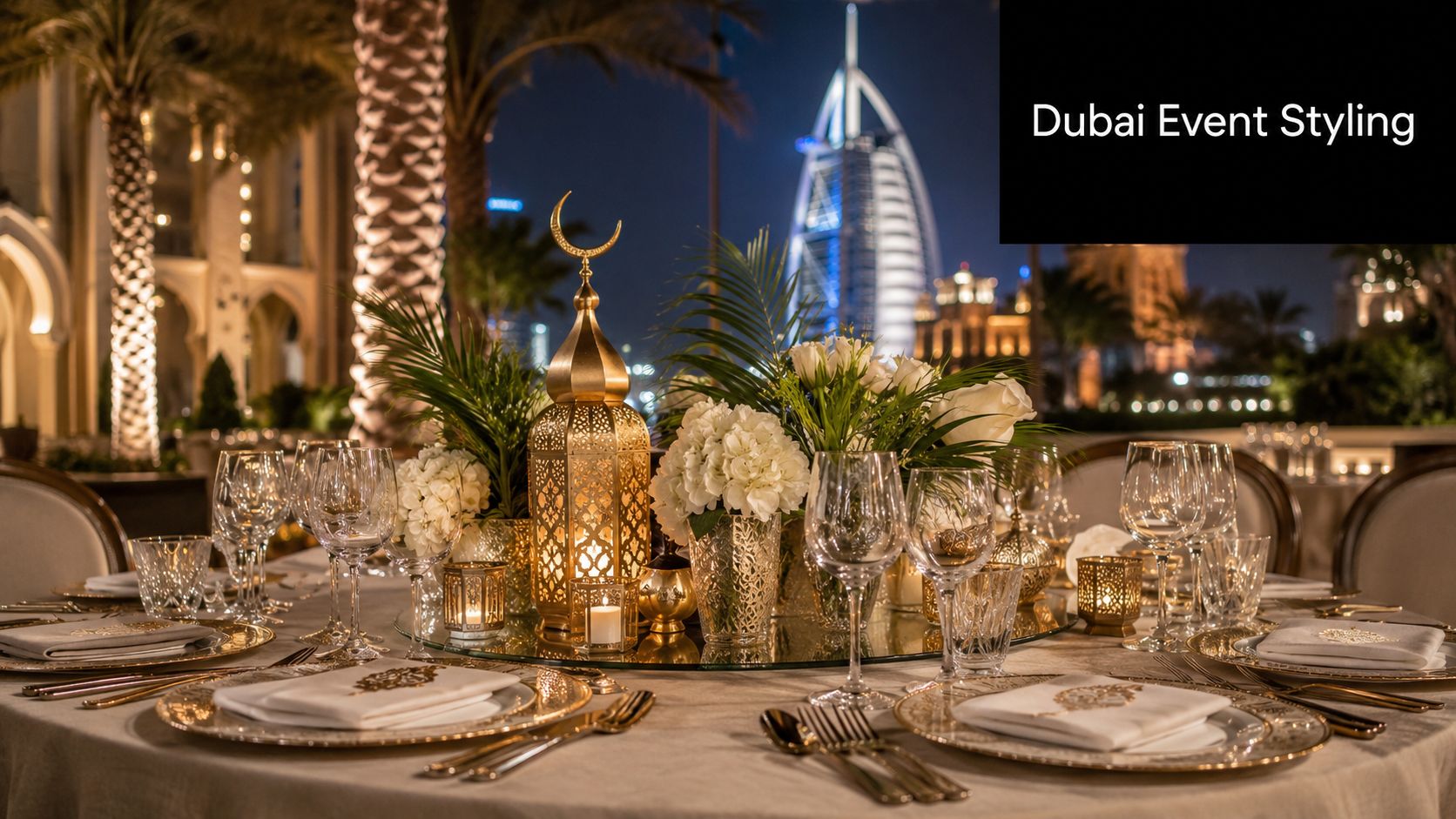 A luxurious outdoor dining table in Dubai featuring a golden lantern centerpiece with the Burj Al Arab background.