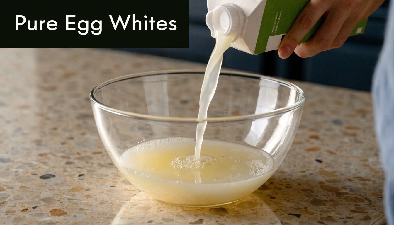 Liquid egg whites are being poured from a carton into a clear glass mixing bowl.