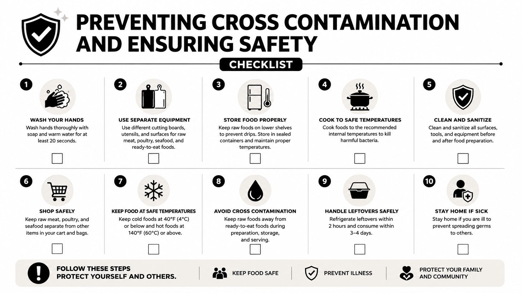 A safety checklist infographic with ten tips for preventing cross-contamination and ensuring food safety while cooking.