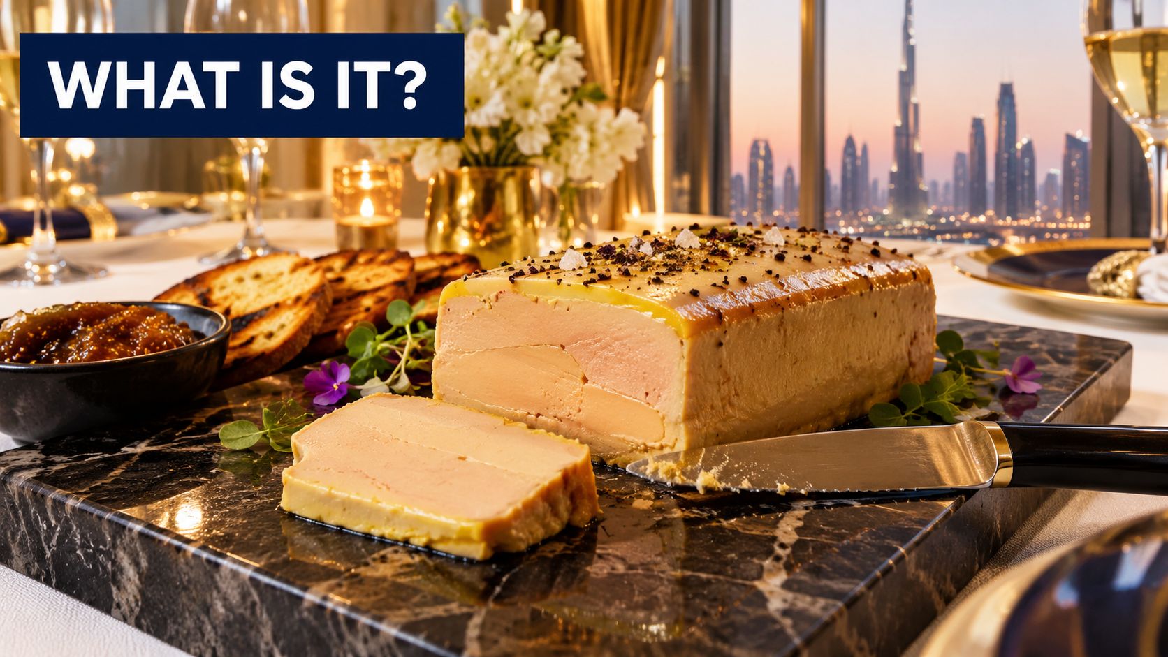A gourmet foie gras terrine served on a black marble board with toast and a fig accompaniment.