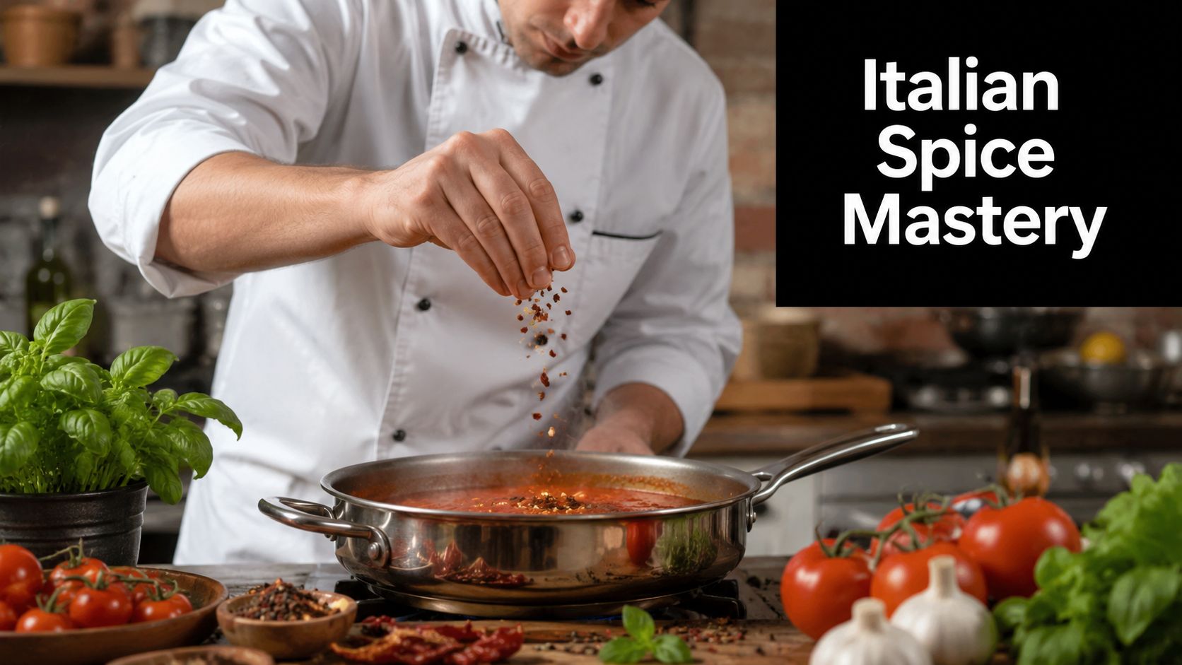 A professional chef sprinkles crushed chili pepper flakes into a pan of simmering tomato sauce while cooking.