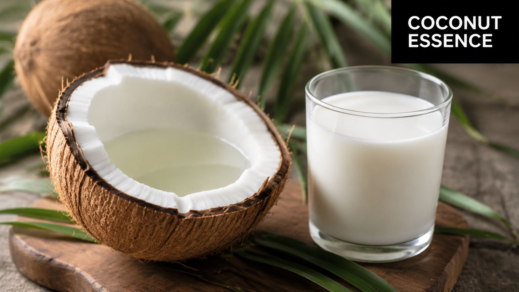 A halved coconut with water and a glass of creamy coconut milk on a wooden board.