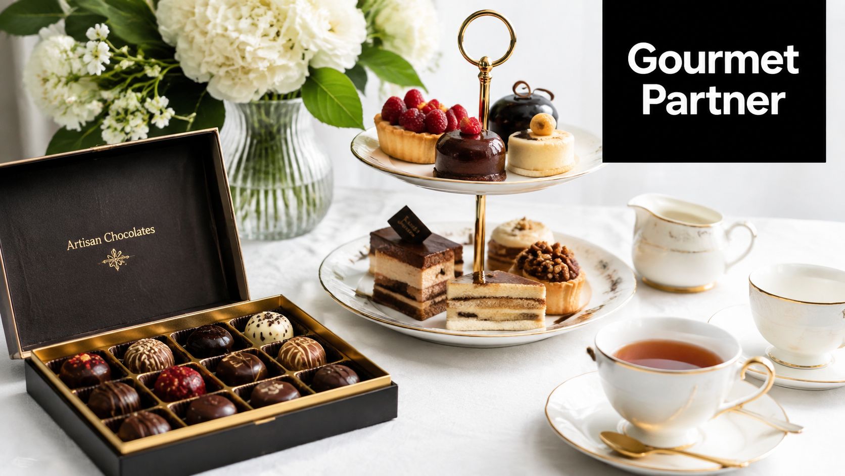 An elegant afternoon tea set with artisan chocolates, small cakes, pastries, and a cup of tea.
