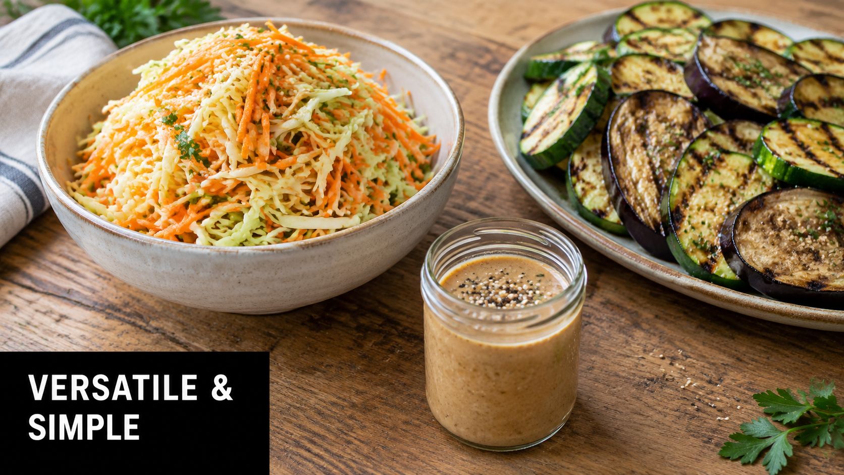 A bowl of coleslaw and a plate of grilled eggplant next to a jar of roasted sesame dressing.
