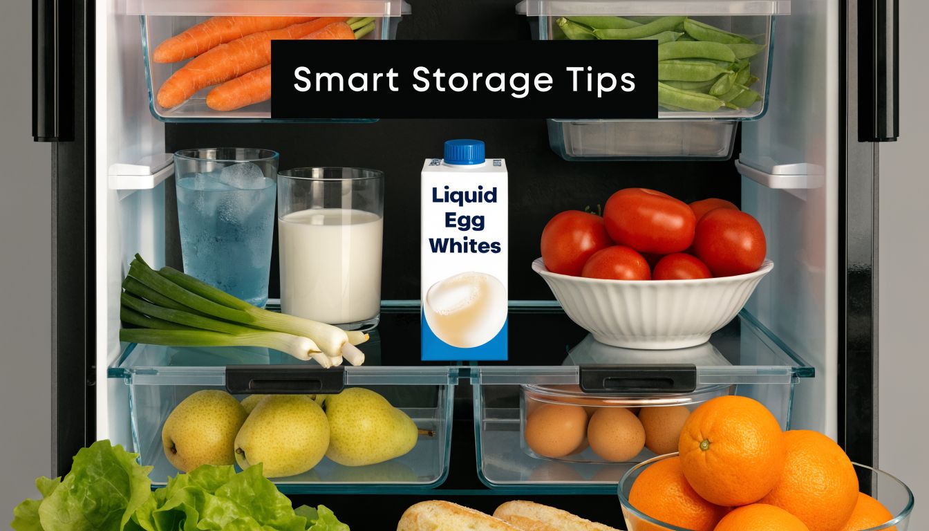 An open refrigerator filled with various fresh fruits, vegetables, eggs, and a carton of liquid egg whites.