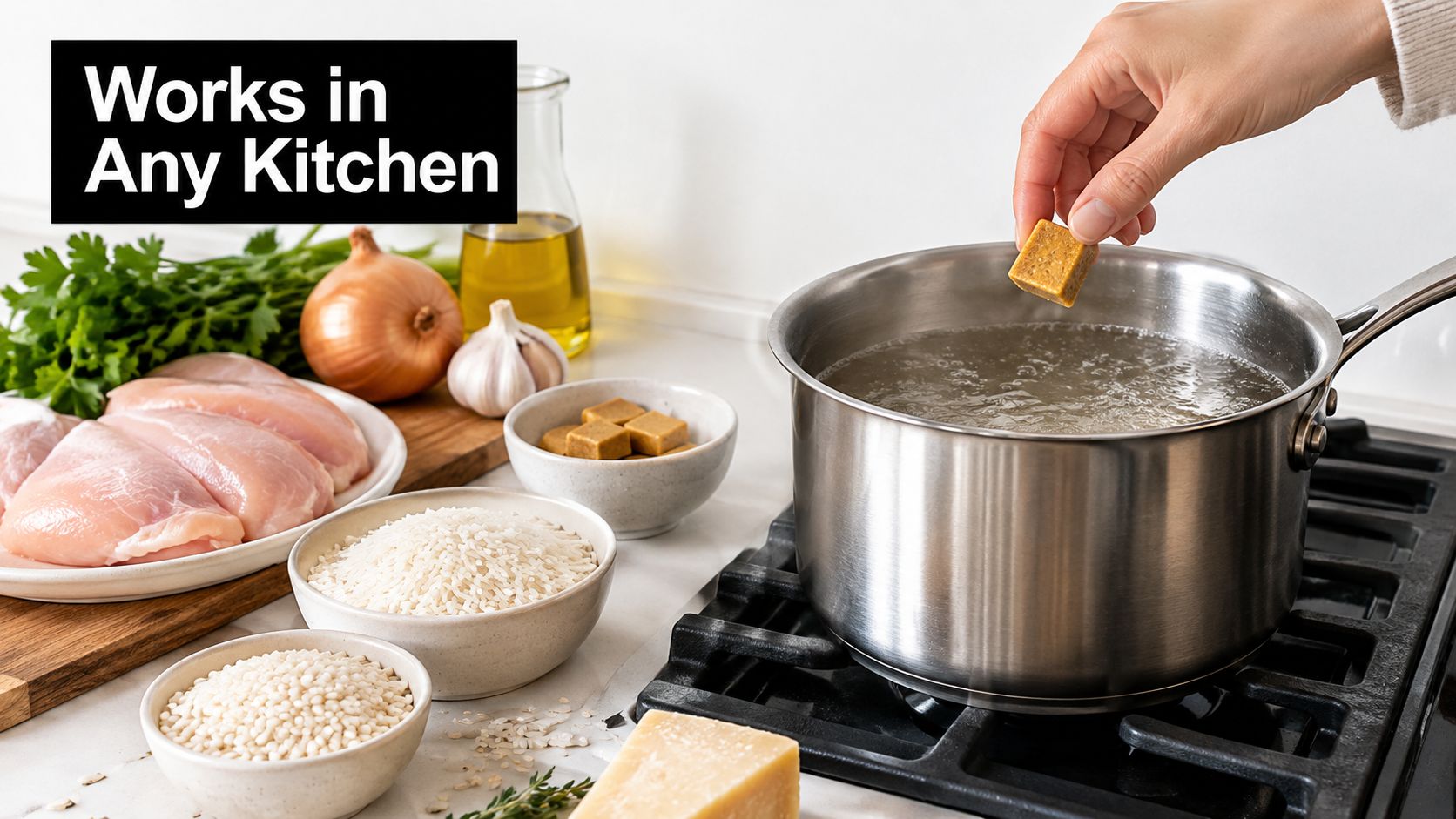 A hand drops a chicken bouillon cube into a pot of boiling water near fresh cooking ingredients.