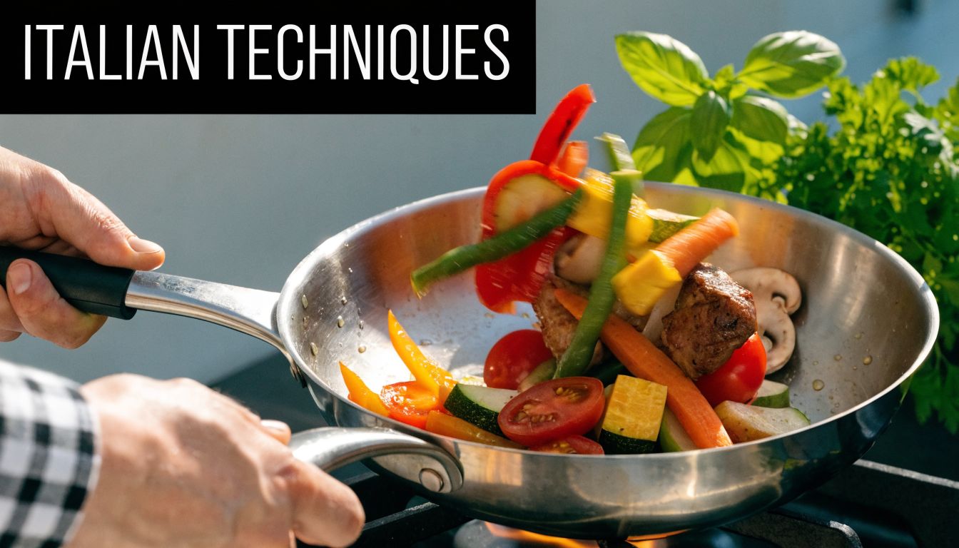 A chef cooking colorful mixed vegetables and meat in a professional stainless steel frying pan on stove.