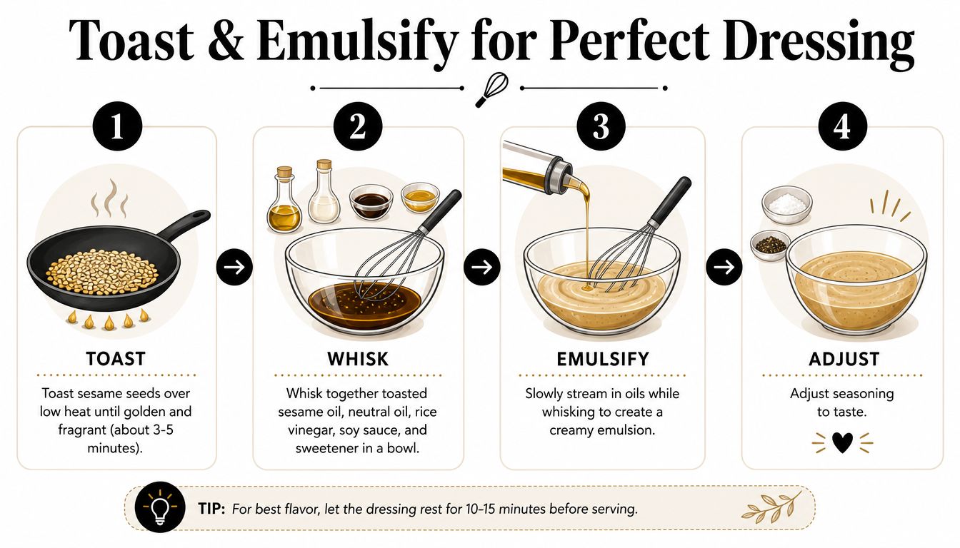 A four-step infographic showing how to make homemade roasted sesame dressing by toasting seeds and emulsifying ingredients.