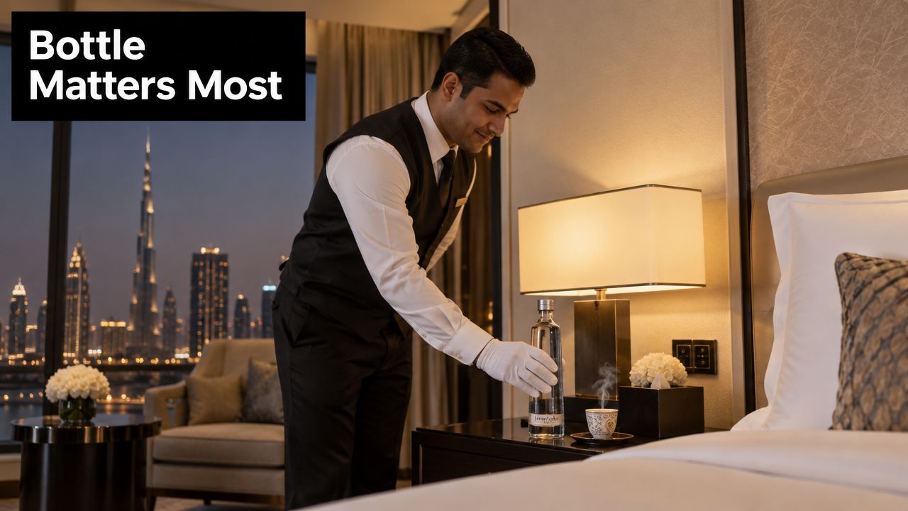 A hotel butler in a uniform and white gloves placing a glass water bottle on a nightstand.