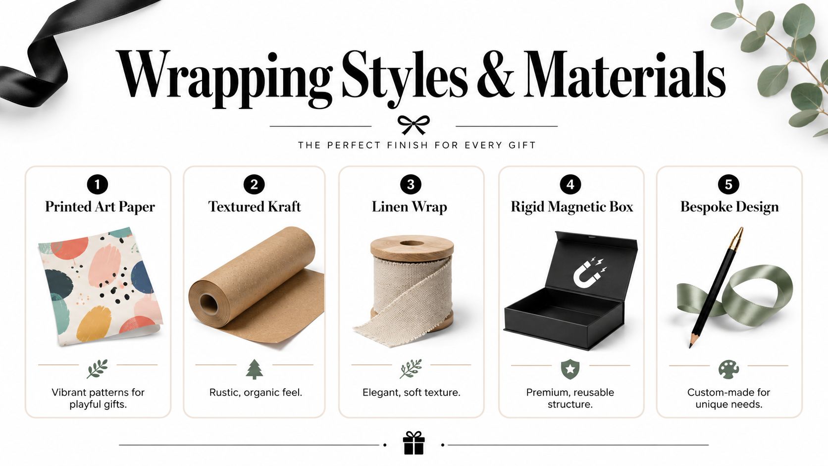 A guide showcasing five distinct gift wrapping styles and materials including paper, fabric, and boxes.