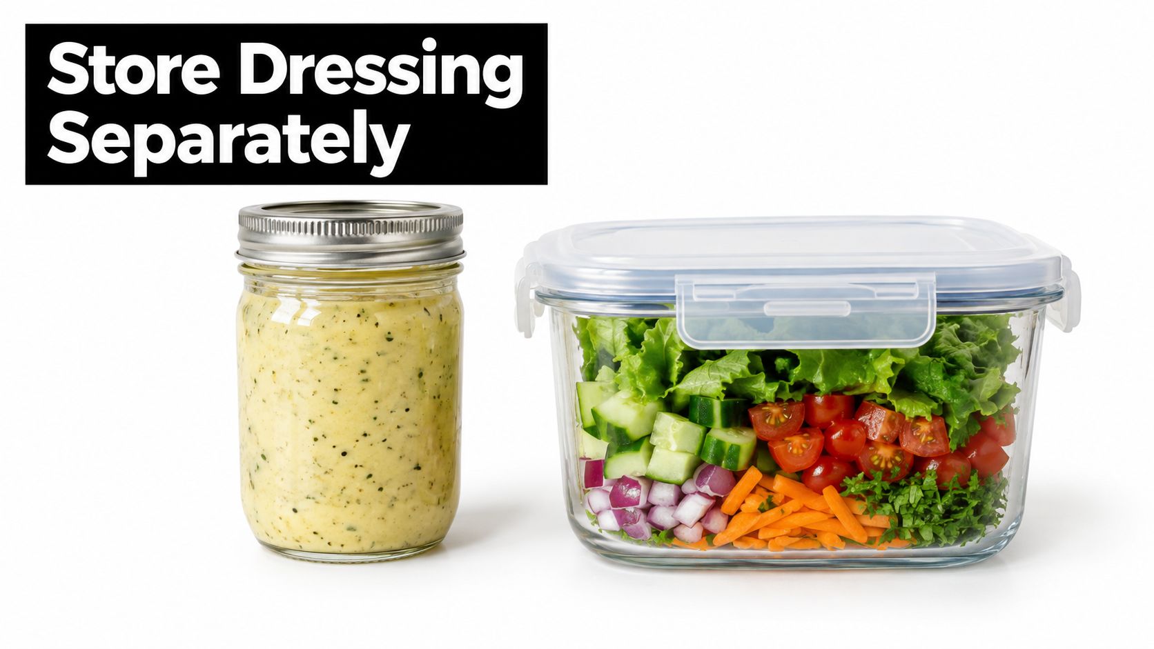 A glass jar of salad dressing next to a food storage container filled with fresh salad ingredients.