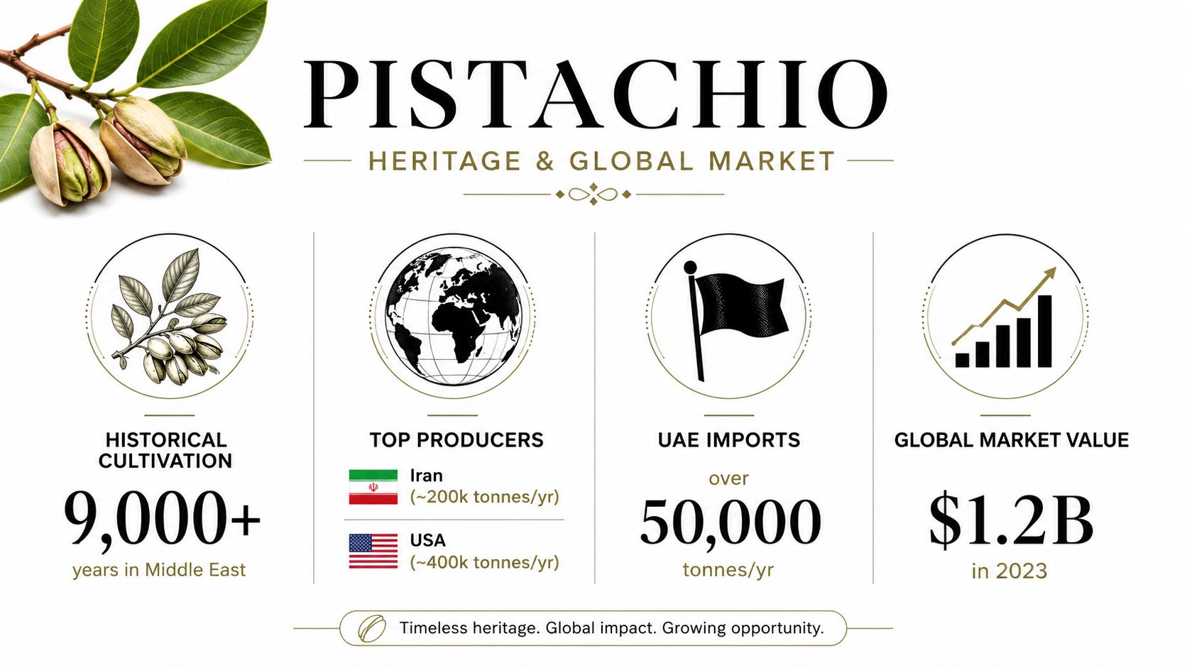 An infographic summarizing historical cultivation, top global producers, UAE import figures, and market value for pistachios.