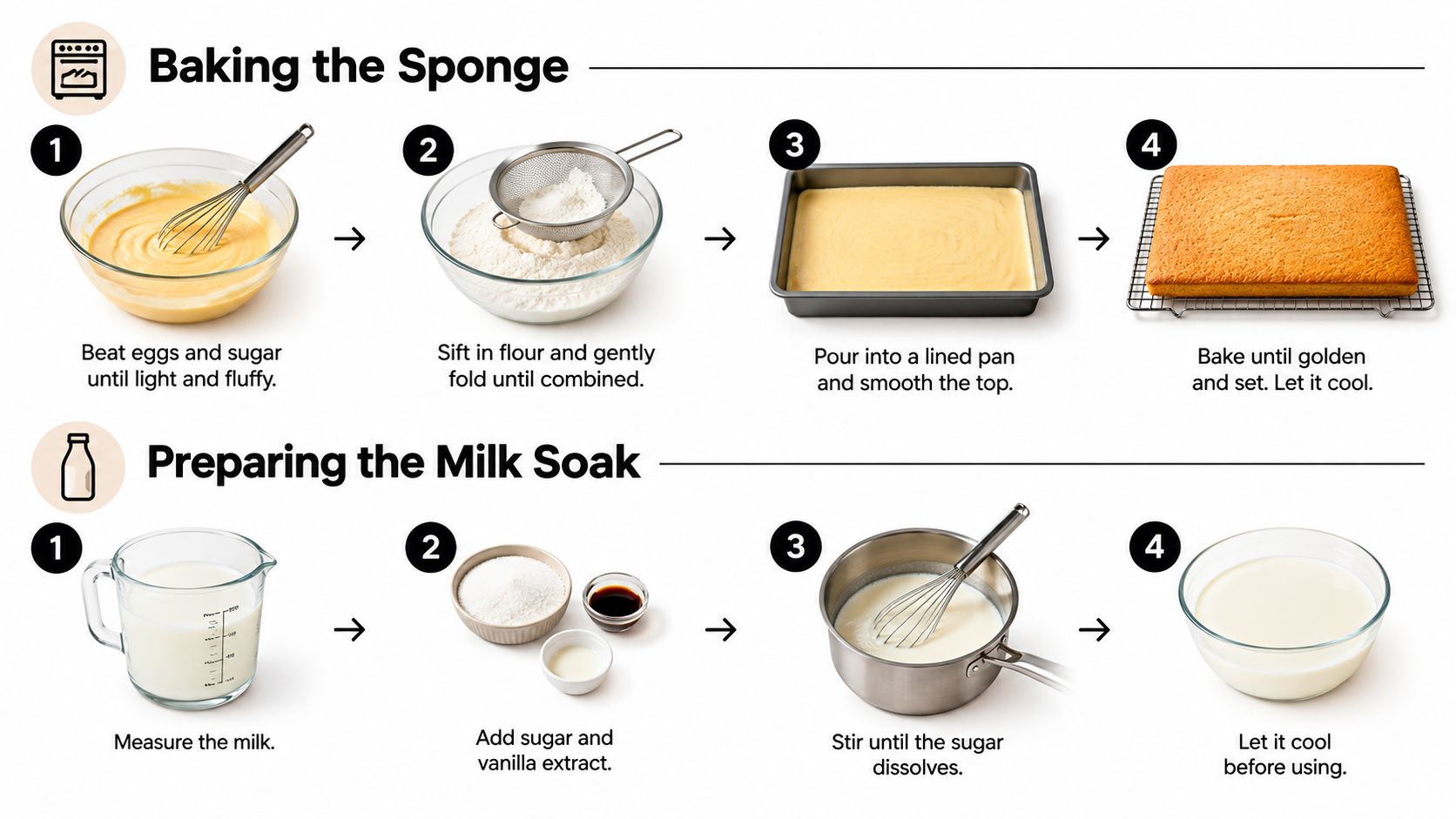 An infographic illustration showing the steps for baking a sponge cake and preparing a milk soak.