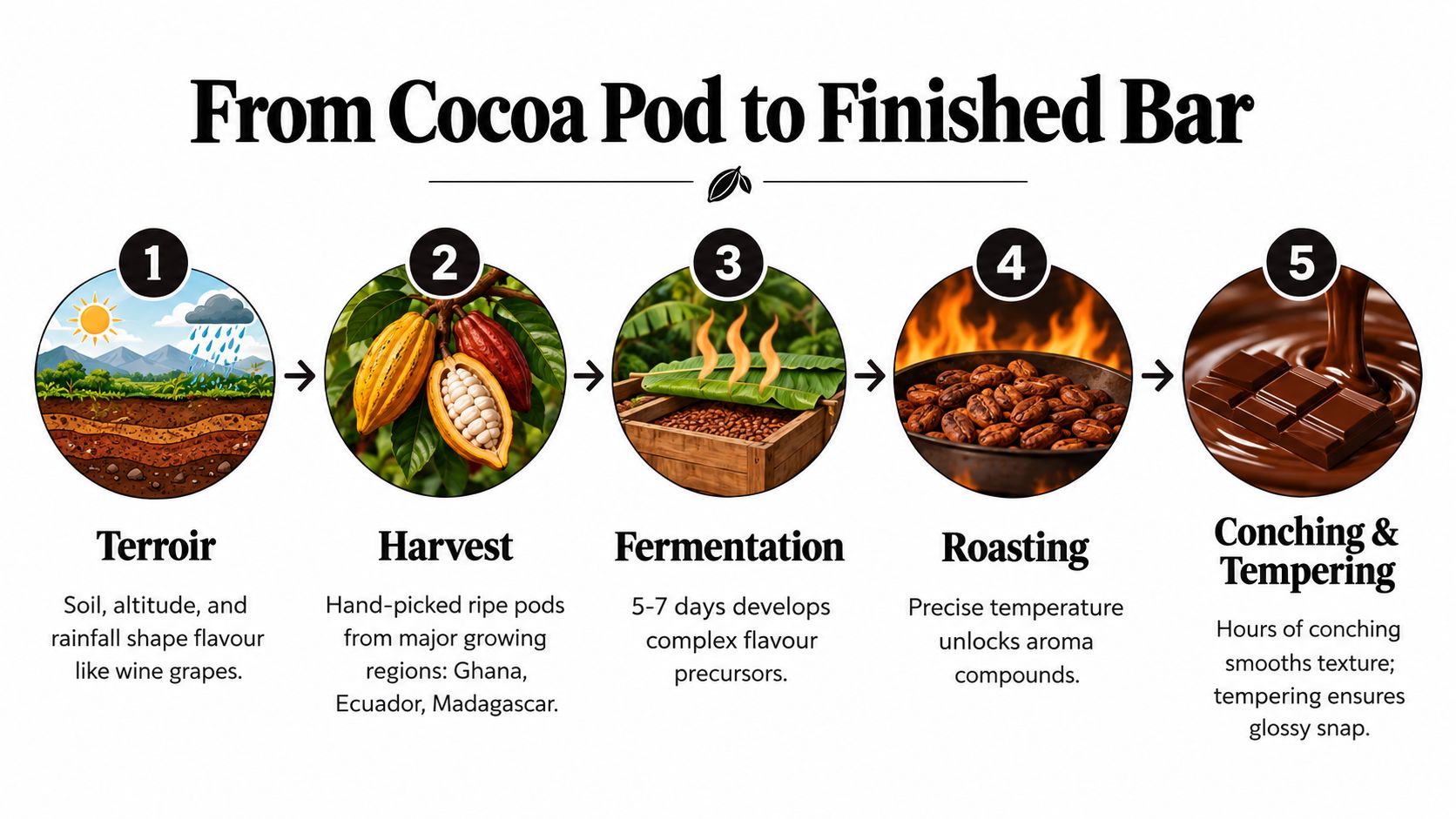 A five-step infographic showing the chocolate making process, from harvesting cocoa pods to the final chocolate bar.