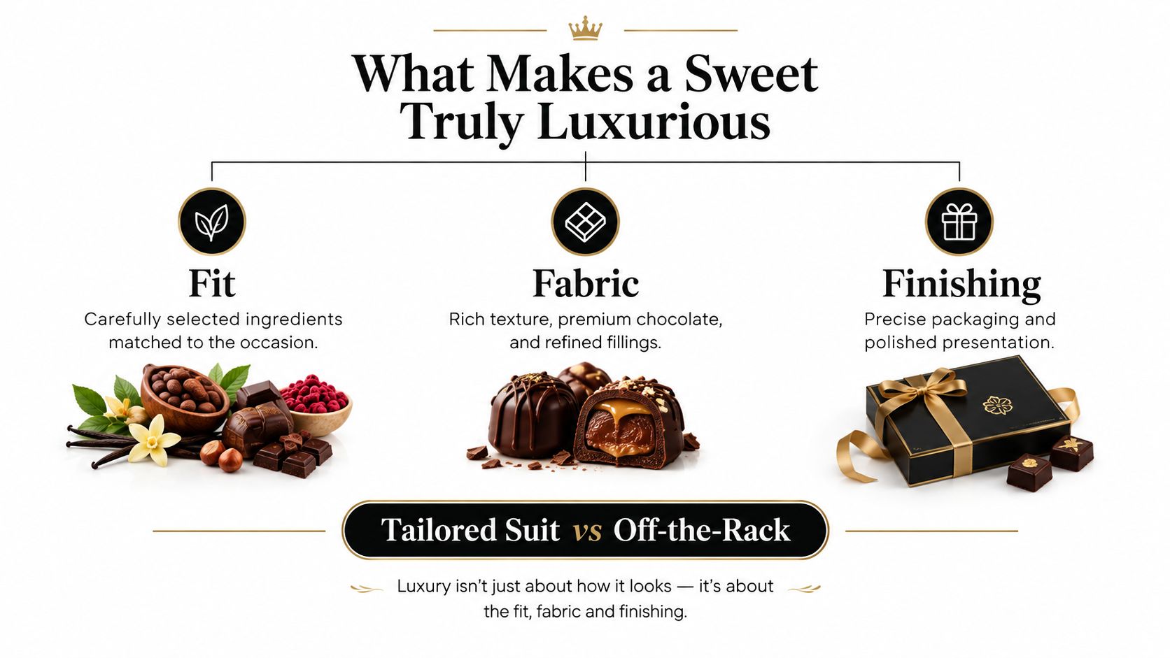 An infographic comparing luxury sweets to a tailored suit, highlighting fit, fabric, and finishing as key elements.