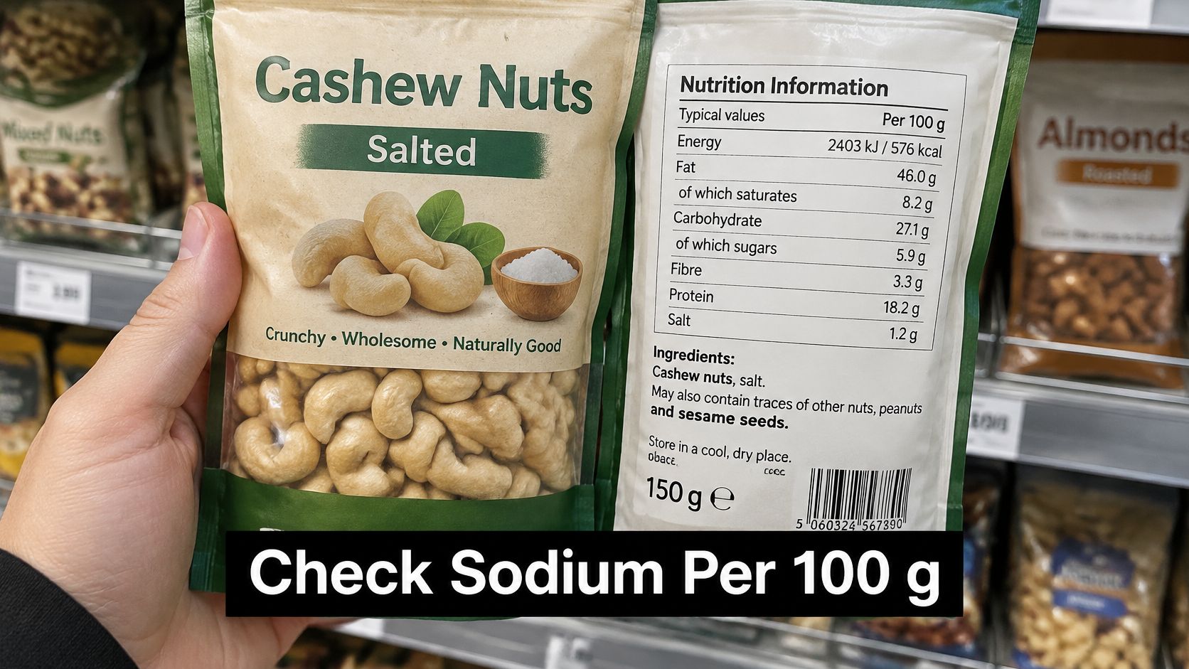 A hand holding a pack of salted cashew nuts displaying the nutritional information on the back label.