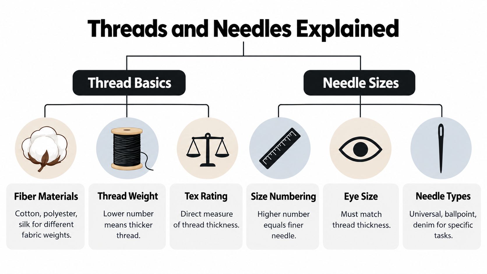 A flowchart explaining basic sewing thread materials, weights, tex ratings, needle sizes, eye dimensions, and needle types.