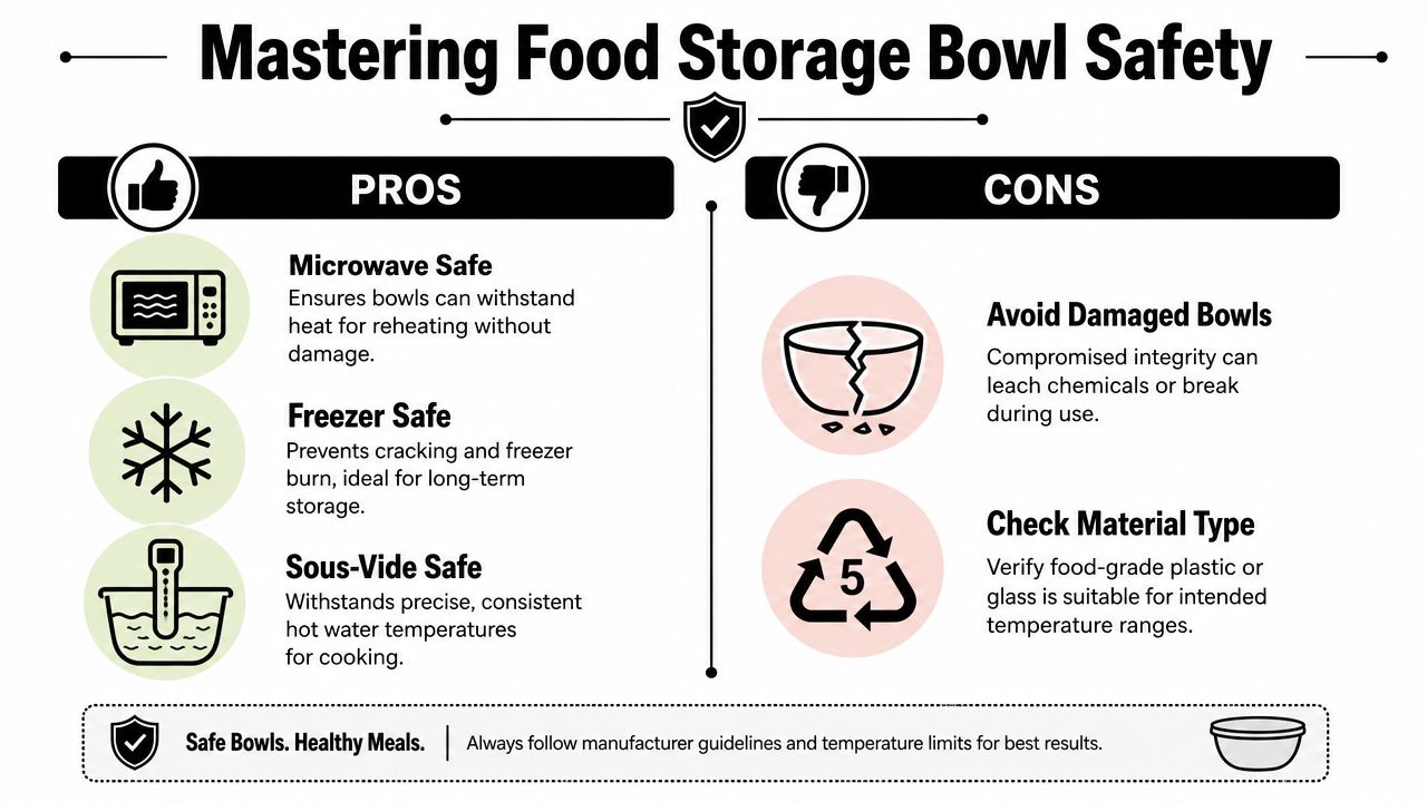 An infographic detailing the pros and cons of using various food storage bowls for kitchen safety.