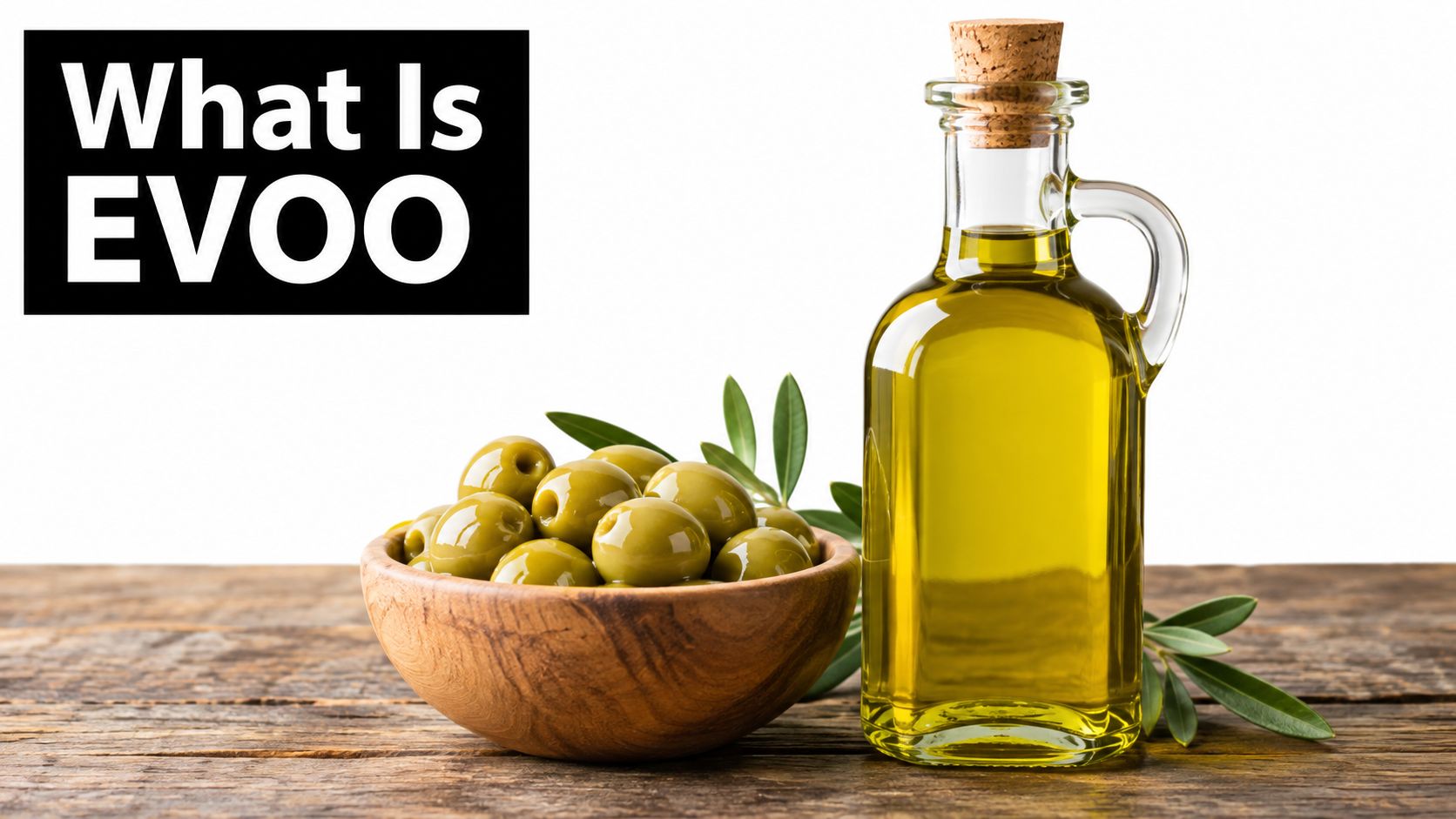 A glass bottle filled with extra virgin olive oil next to a bowl of green olives.