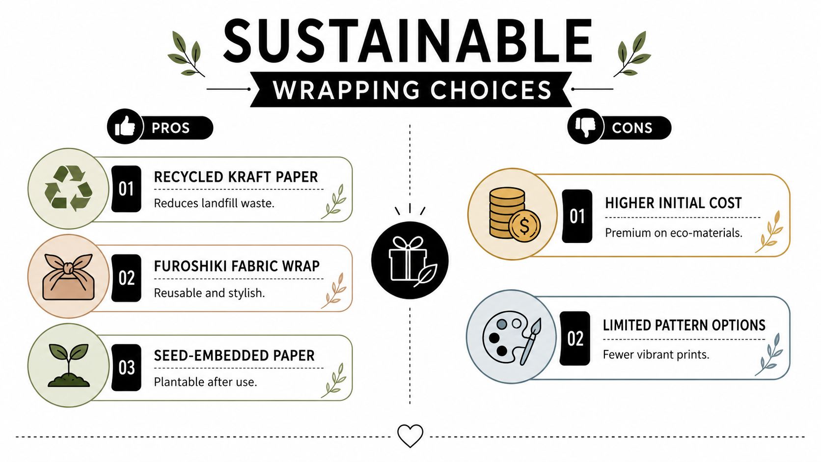 An infographic titled Sustainable Wrapping Choices, detailing pros and cons of eco-friendly gift wrapping materials.
