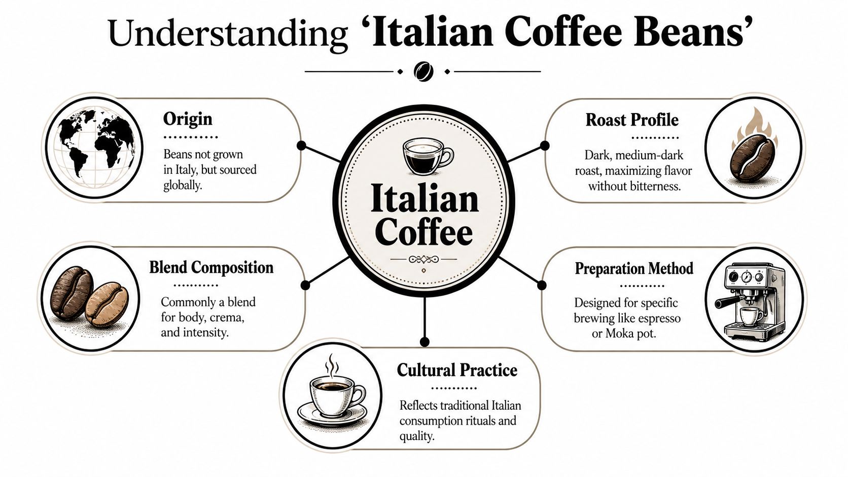 An infographic titled Understanding Italian Coffee Beans illustrating key aspects like origin, roast profile, and preparation methods.