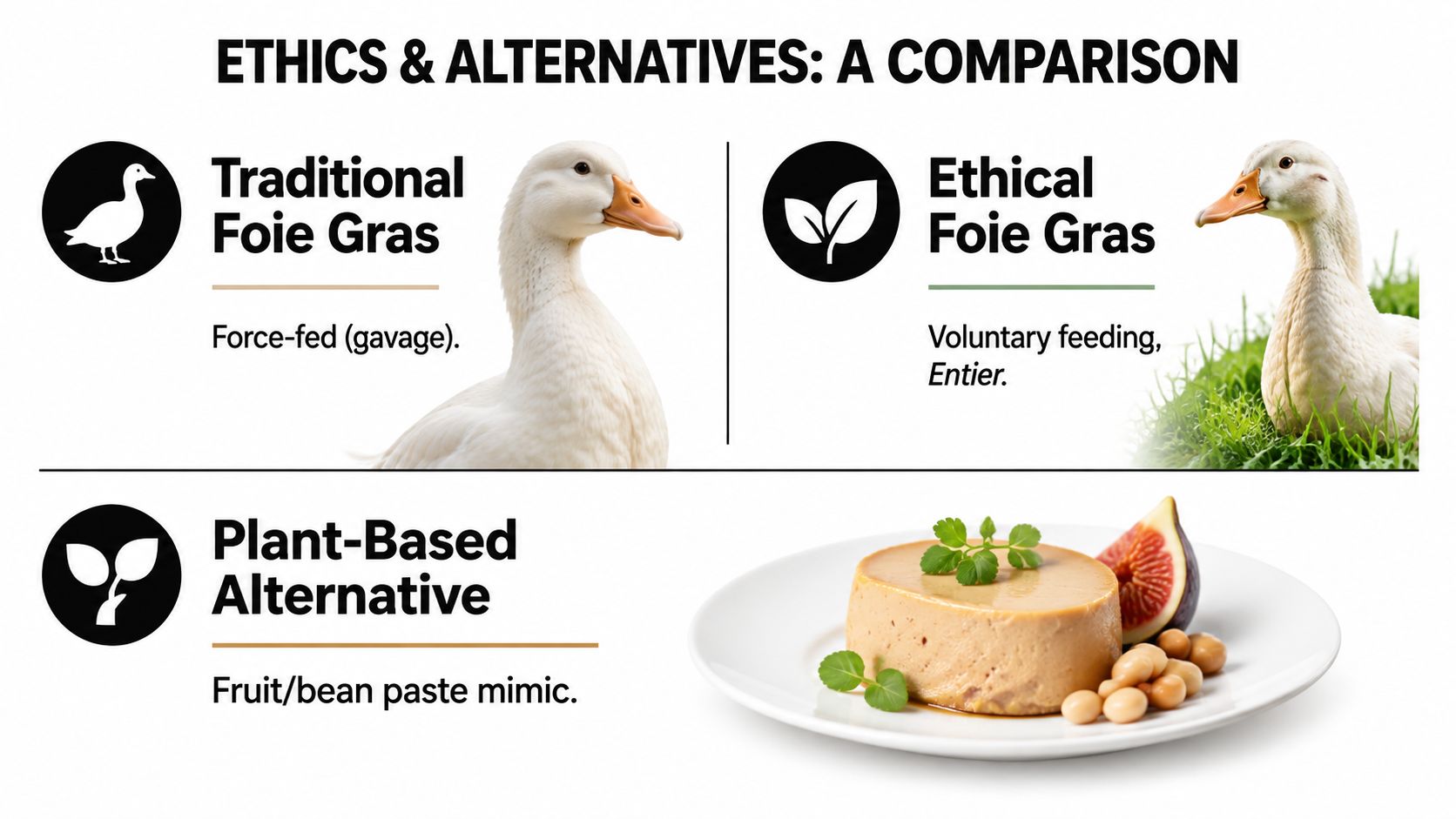 A comparison chart highlighting the differences between traditional force-fed foie gras, ethical voluntary feeding, and plant-based alternatives.
