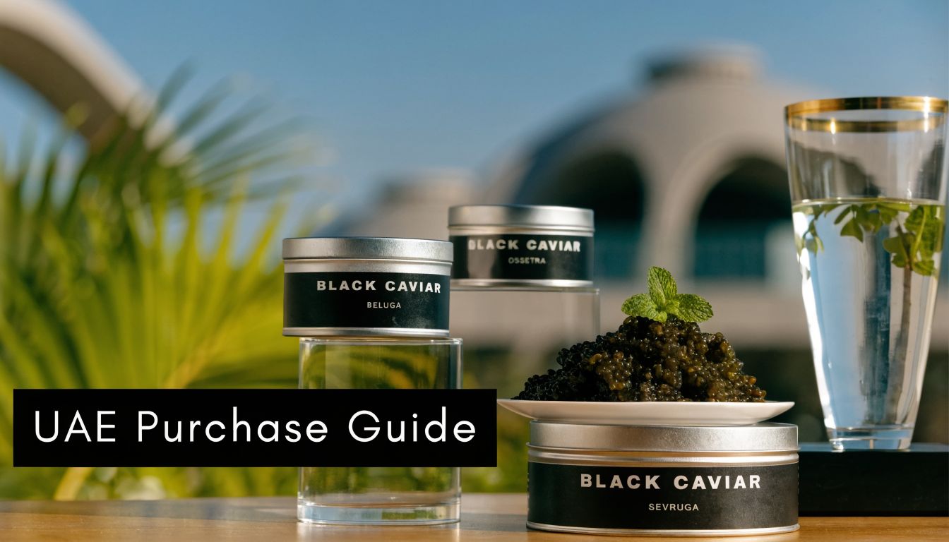 A luxurious display of three tins of black caviar, including Beluga, Ossetra, and Sevruga varieties, near Dubai.