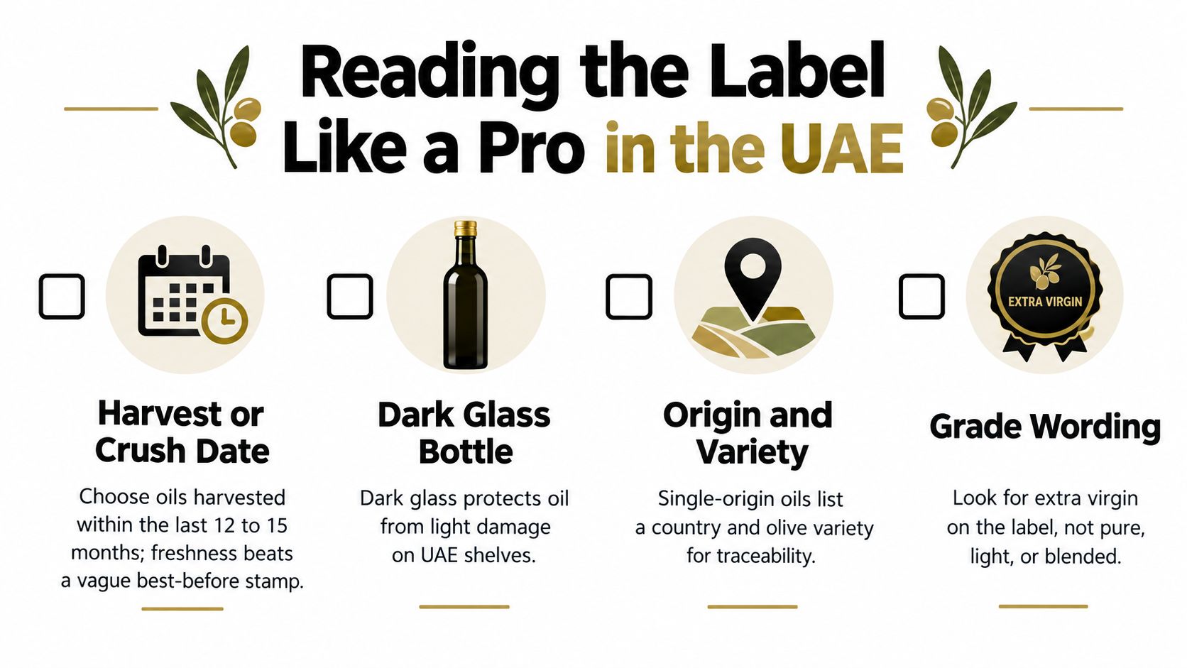 An infographic titled Reading the Label Like a Pro in the UAE featuring four tips for choosing olive oil.