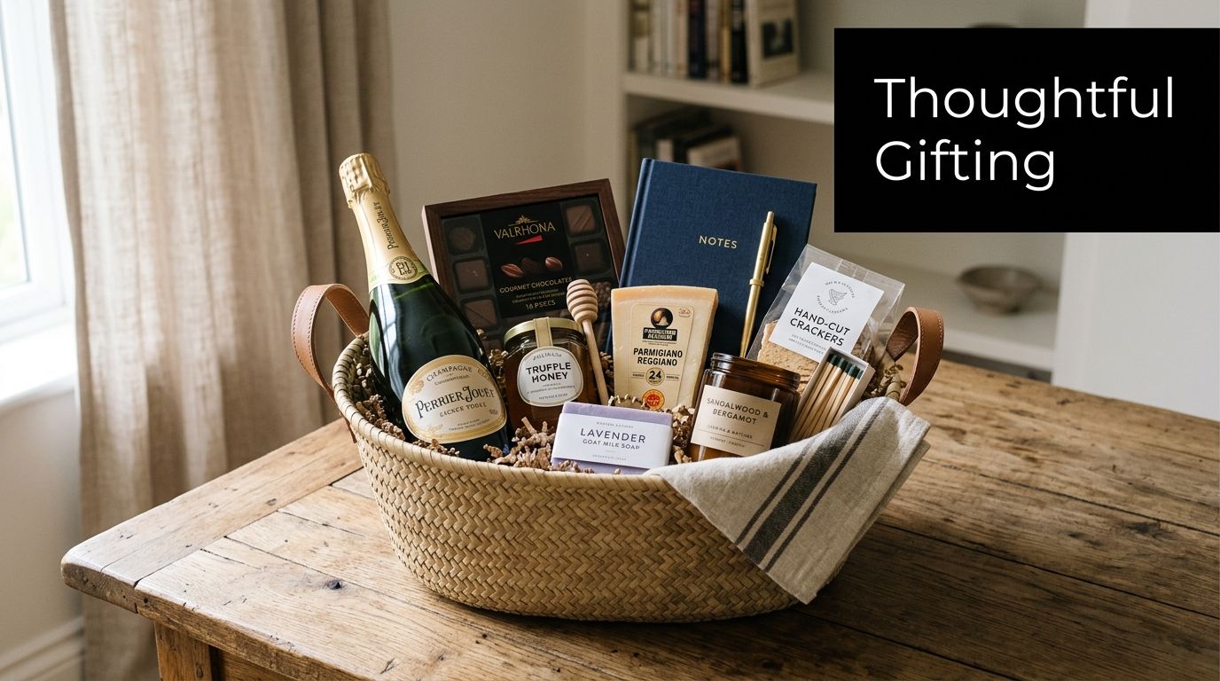 A thoughtfully curated luxury gift basket with champagne, gourmet chocolates, artisan cheese, and personal lifestyle items.